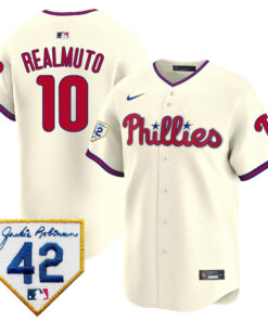 J.T. Realmuto 10 Philadelphia Phillies 2024 Jackie Robinson Patch Men Jersey - Cream