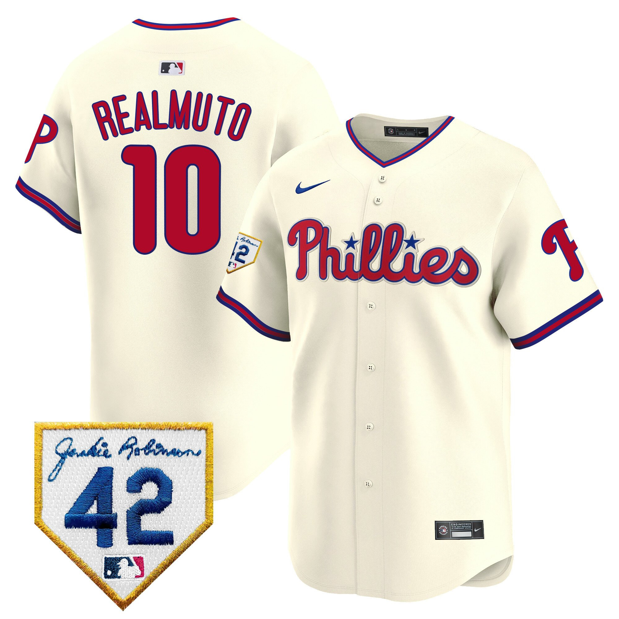J.T. Realmuto 10 Philadelphia Phillies 2024 Jackie Robinson Patch Men Jersey - Cream