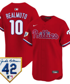 J.T. Realmuto 10 Philadelphia Phillies 2024 Jackie Robinson Patch Men Jersey - Red