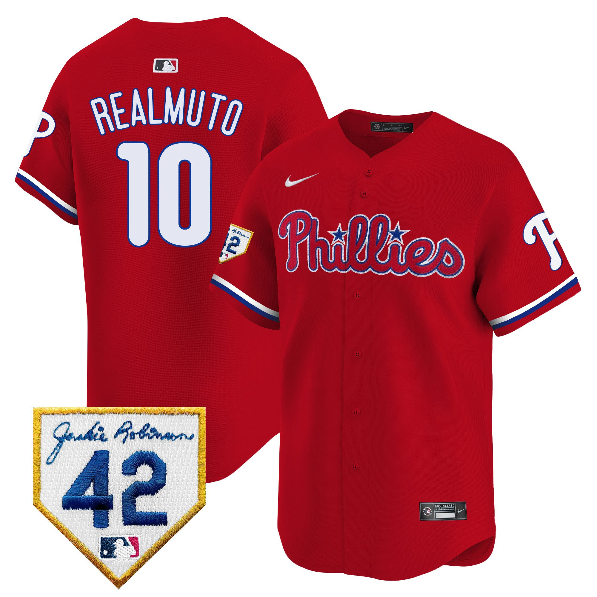 J.T. Realmuto 10 Philadelphia Phillies 2024 Jackie Robinson Patch Men Jersey - Red