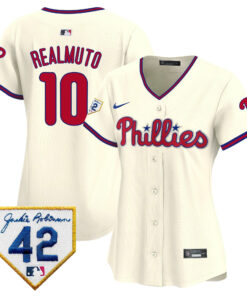 J.T. Realmuto 10 Philadelphia Phillies 2024 Jackie Robinson Patch Women Jersey - Cream