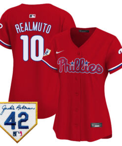J.T. Realmuto 10 Philadelphia Phillies 2024 Jackie Robinson Patch Women Jersey - Red