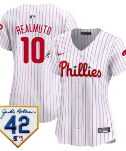 J.T. Realmuto 10 Philadelphia Phillies 2024 Jackie Robinson Patch Women Jersey - White