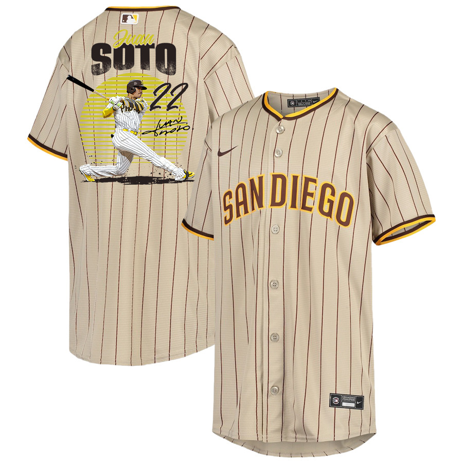 Juan Soto 22 San Diego Padres Signed Hit 2023 Alternate Player YOUTH Jersey - Sand/Brown