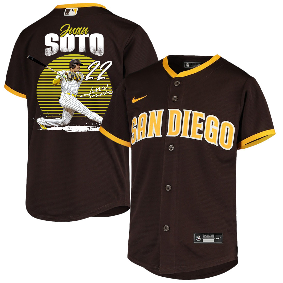 Juan Soto 22 San Diego Padres Signed Hit 2023 Road Player YOUTH Jersey - Brown