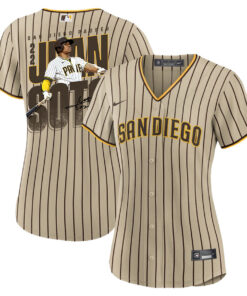 Juan Soto 22 San Diego Padres Signed Posture 2023 Alternate Player Women Jersey - Tan