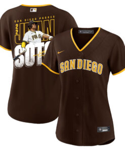 Juan Soto 22 San Diego Padres Signed Posture 2023 Road Player Women Jersey - Brown