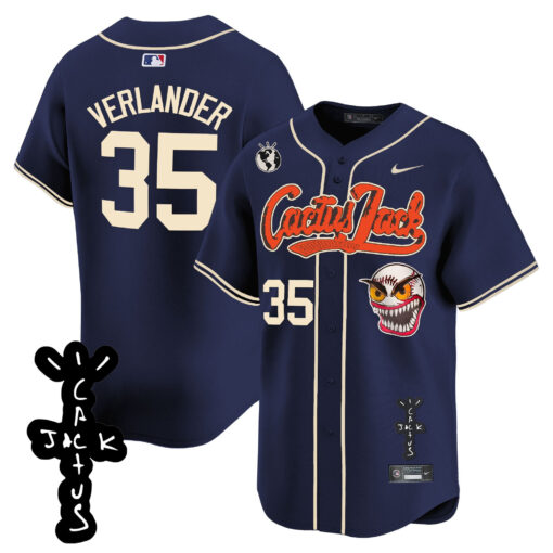 Justin Verlander 35 Houston Astros Cactus Jack Patch V2 Men Jersey - Navy