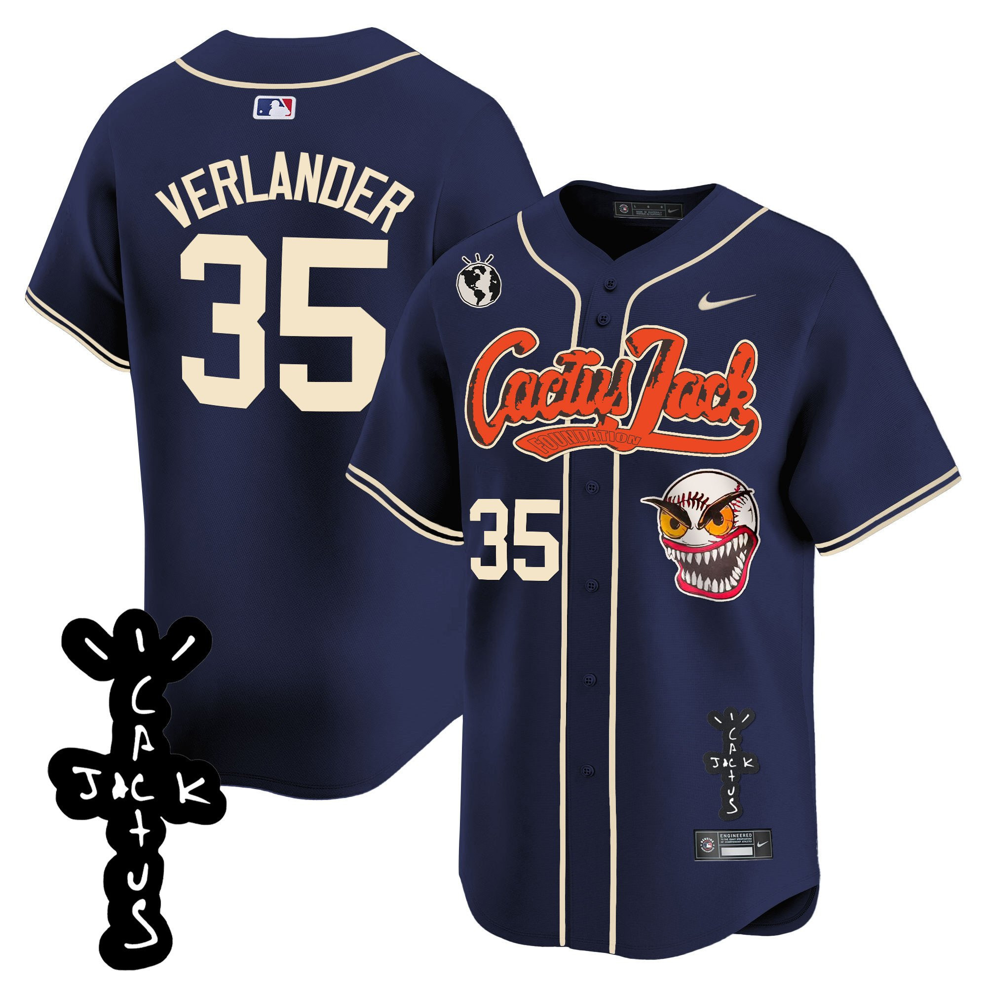 Justin Verlander 35 Houston Astros Cactus Jack Patch V2 Men Jersey - Navy