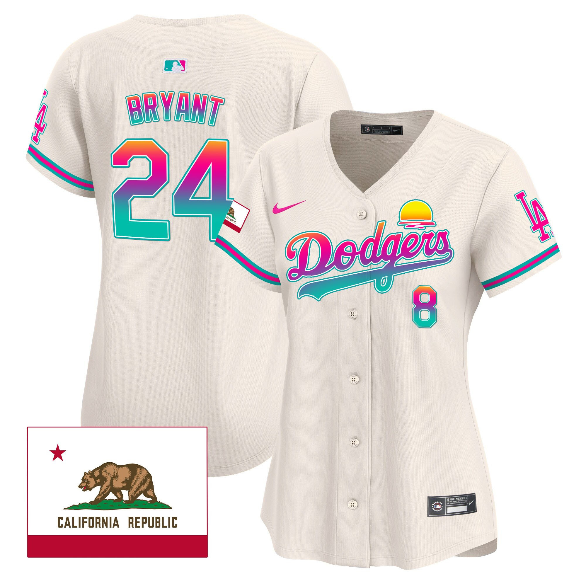 Kobe Bryant 24 Los Angeles Dodgers 2024 Los Angeles City Style California Republic Patch Women Jersey - Cream