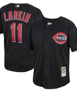Men's Cincinnati Reds Barry Larkin Mitchell & Ness Black Cooperstown Collection Mesh Batting Practice Button-Up Jersey