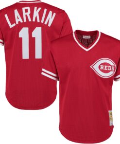 Men's Cincinnati Reds Barry Larkin Mitchell & Ness Red Cooperstown Collection Mesh Batting Practice Button-Up Jersey