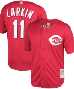 Men's Cincinnati Reds Barry Larkin Mitchell & Ness Red Throwback Cooperstown Mesh Batting Practice Jersey