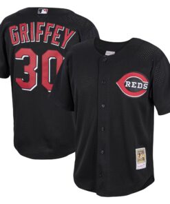 Men's Cincinnati Reds Ken Griffey Jr. Mitchell & Ness Black Cooperstown Collection Mesh Batting Practice Button-Up Jersey