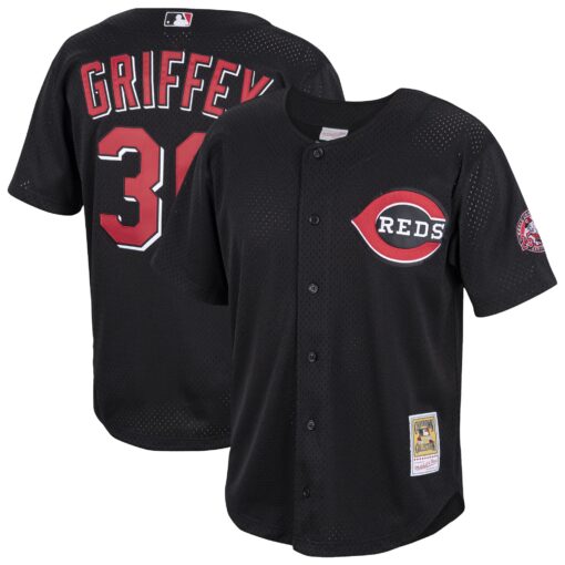 Men's Cincinnati Reds Ken Griffey Jr. Mitchell & Ness Black Cooperstown Collection Mesh Batting Practice Button-Up Jersey