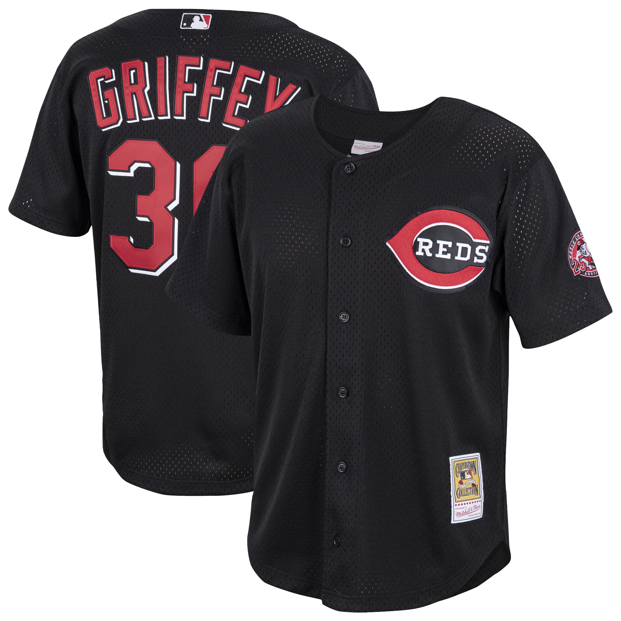 Men's Cincinnati Reds Ken Griffey Jr. Mitchell & Ness Black Cooperstown Collection Mesh Batting Practice Button-Up Jersey