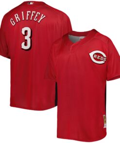 Men's Cincinnati Reds Ken Griffey Jr. Mitchell & Ness Red Cooperstown Collection Mesh Batting Practice Button-Up Jersey