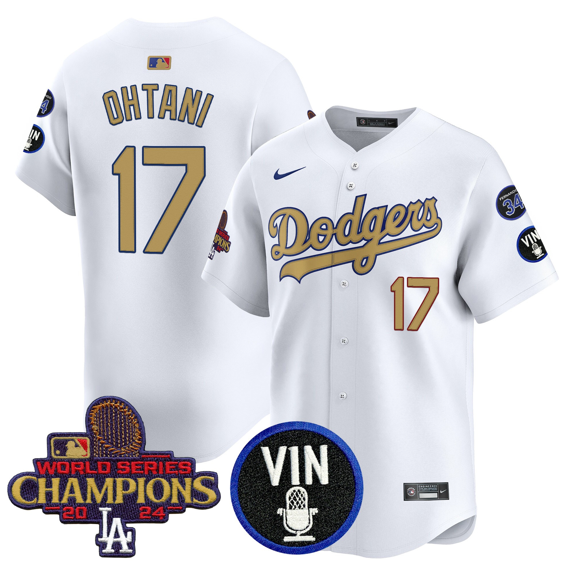 Men's Dodgers 2025 Vin Scully & #34 Fernando Patch Gold Vapor Premier Limited Jersey