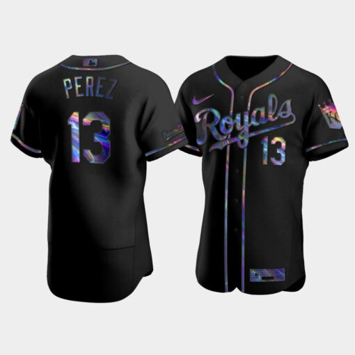 Men's Kansas City Royals Salvador Perez 13 Black Golden Edition Holographic Jersey Jersey