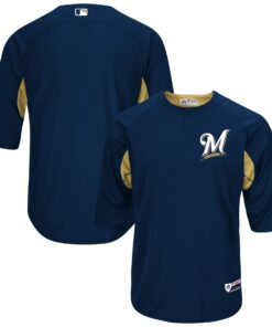 Men's Milwaukee Brewers Majestic Navy/Gold Collection On-Field 3/4-Sleeve Batting Practice Jersey