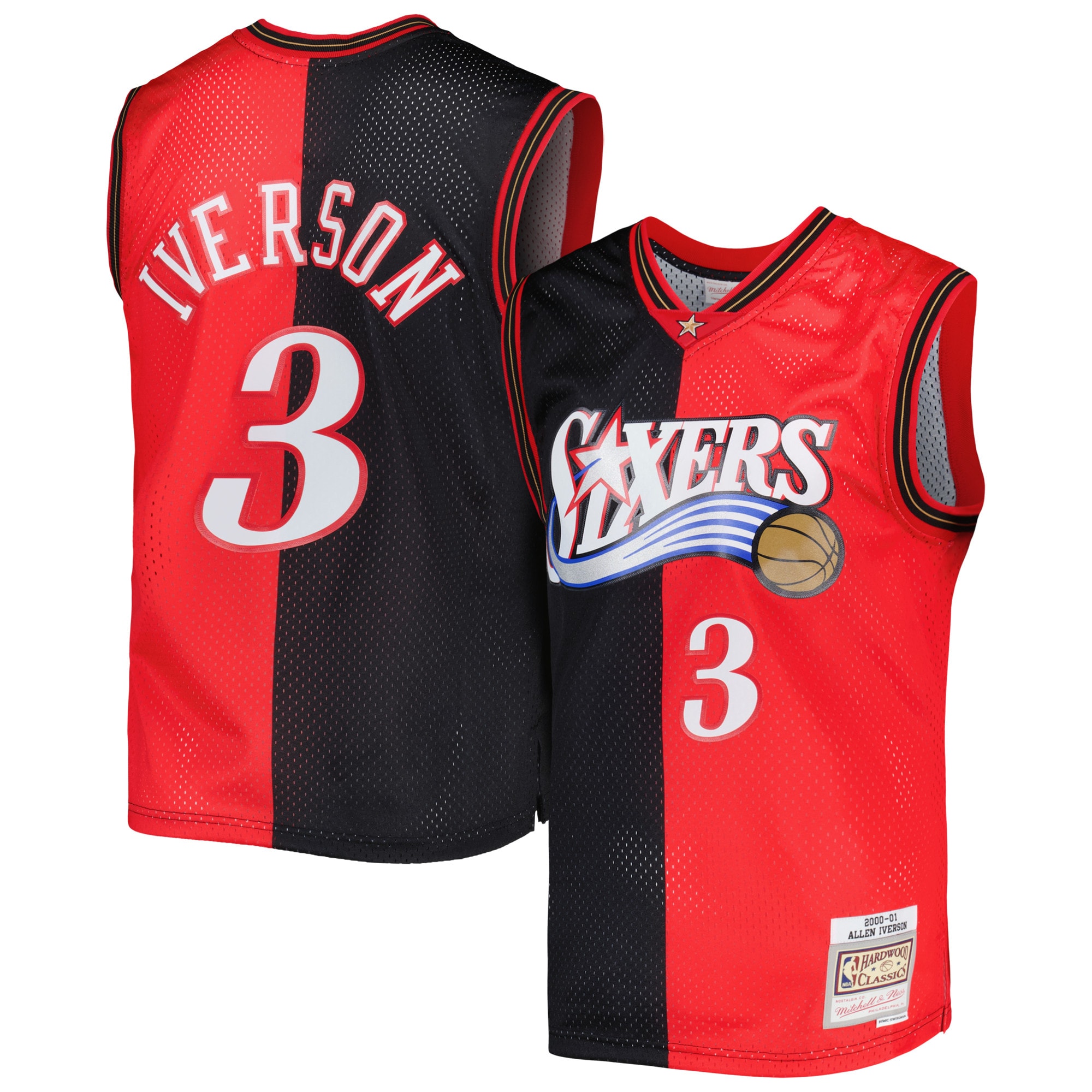 Men's Mitchell & Ness Allen Iverson Black/Red Philadelphia 76ers Hardwood Classics 2000/01 Split Swingman Jersey - JS374