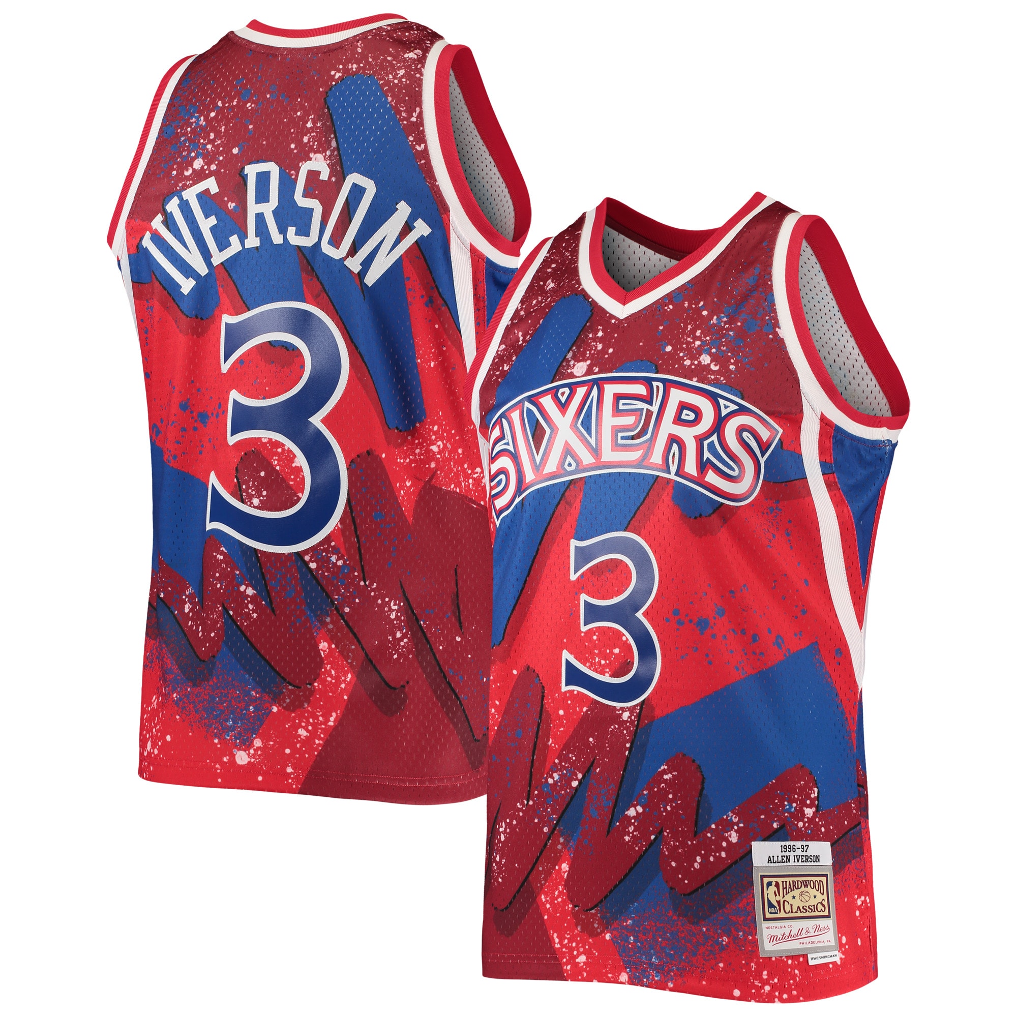 Men's Mitchell & Ness Allen Iverson Red Philadelphia 76ers Hardwood Classics 1996/97 Hyper Hoops Swingman Jersey - JS653
