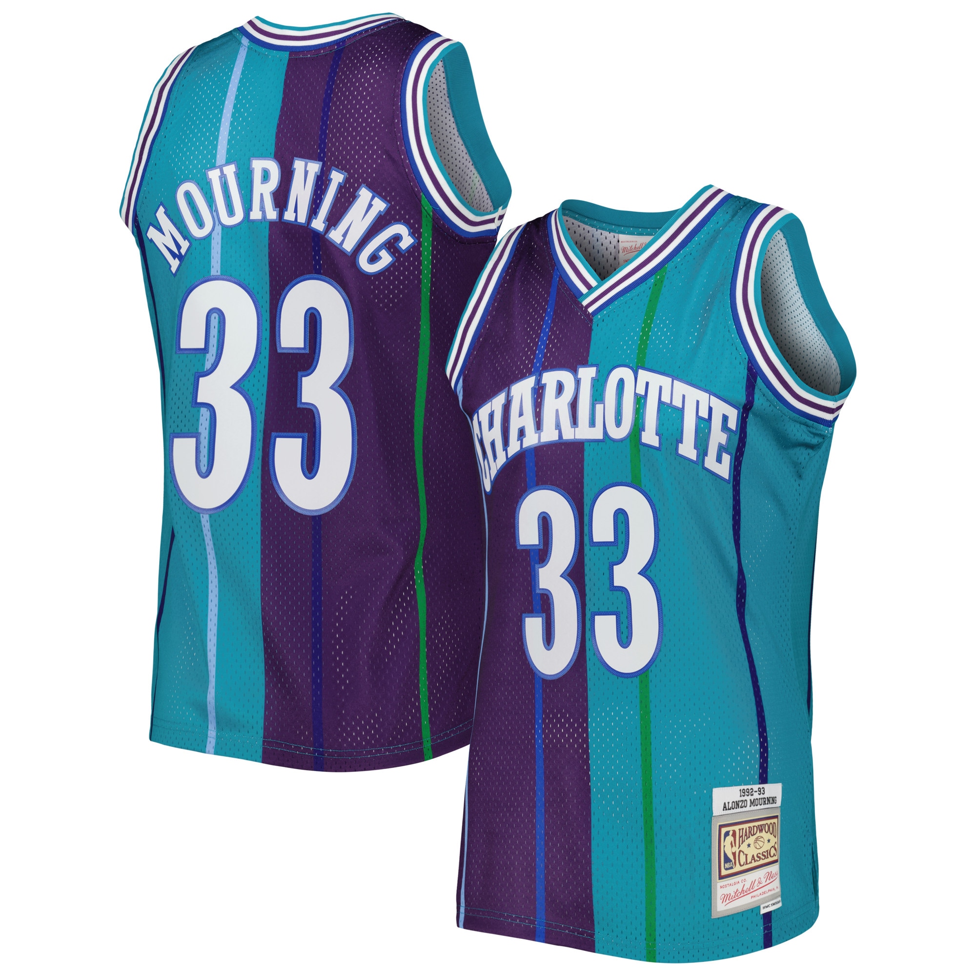 Men's Mitchell & Ness Alonzo Mourning Teal/Purple Charlotte Hornets Hardwood Classics 1992/93 Split Swingman Jersey - JS598
