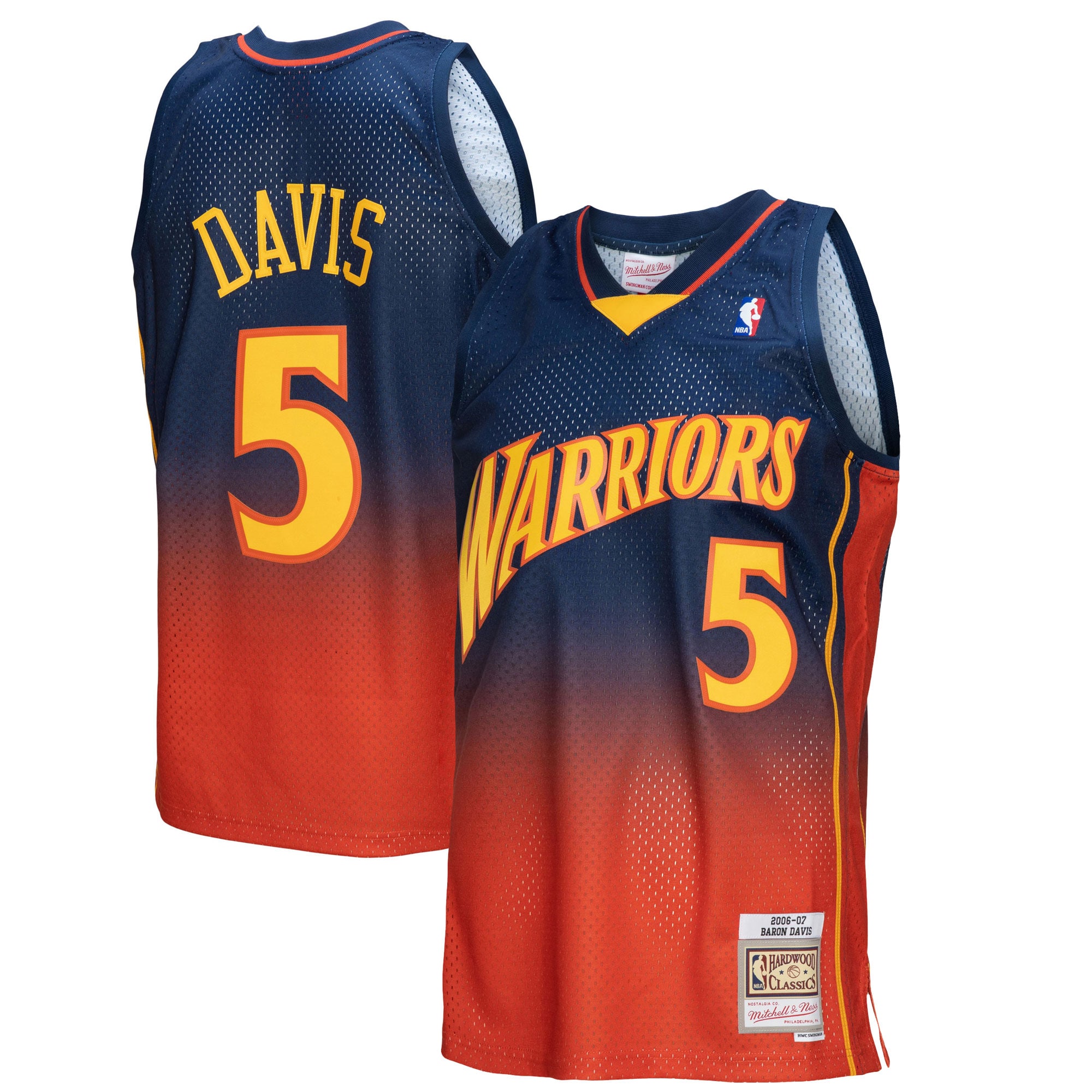 Men's Mitchell & Ness Baron Davis Navy/Orange Golden State Warriors 2006/07 Hardwood Classics Fadeaway Swingman Player Jersey - JS371