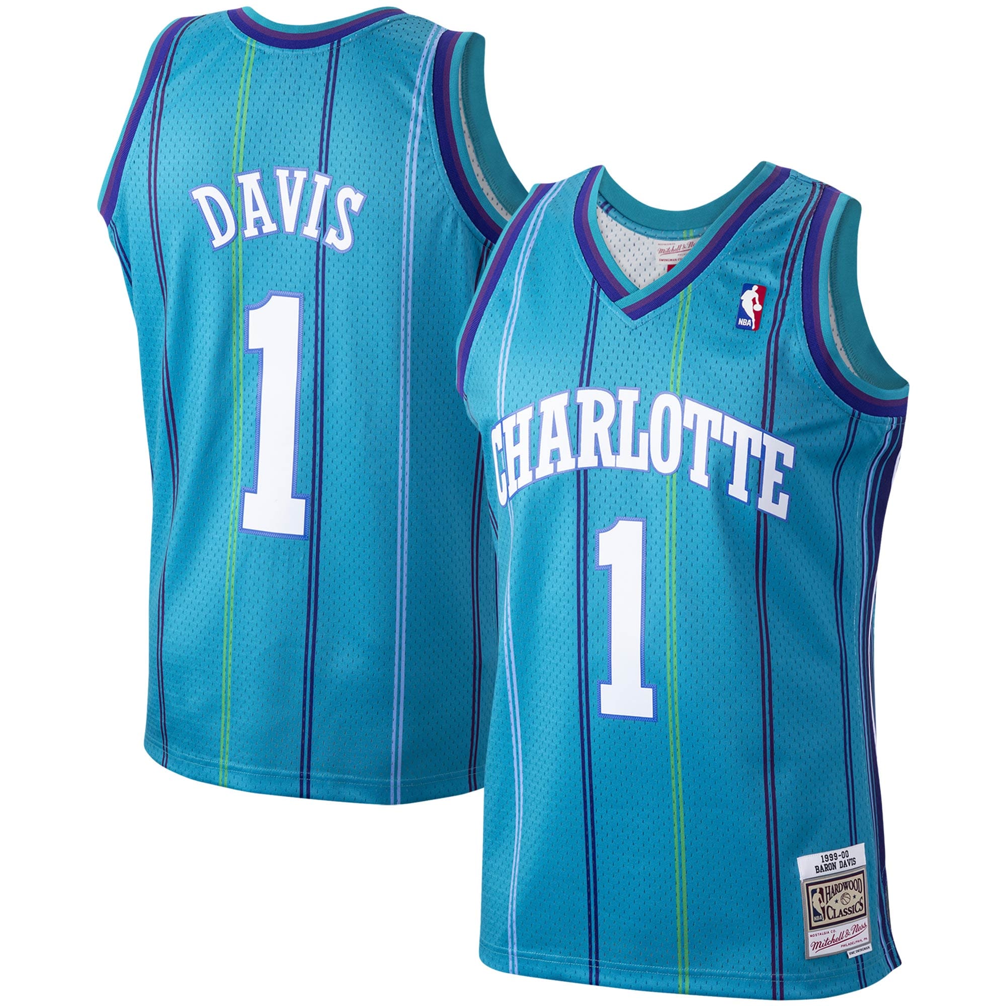 Men's Mitchell & Ness Baron Davis Teal Charlotte Hornets Hardwood Classics 1999-00 Swingman Jersey - JS191