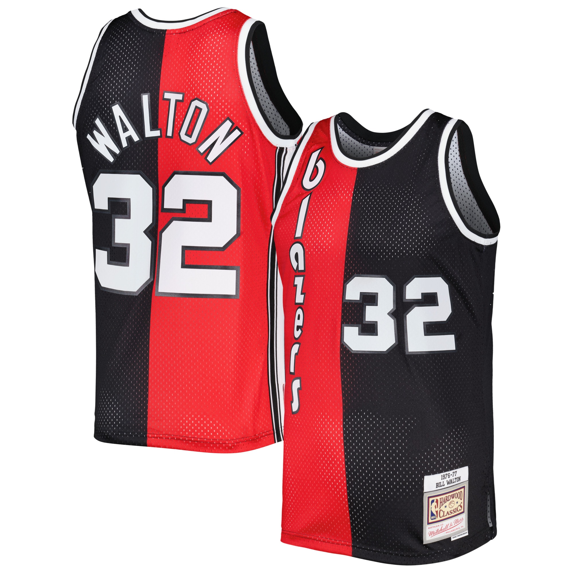 Men's Mitchell & Ness Bill Walton Red/Black Portland Trail Blazers Hardwood Classics 1976/77 Split Swingman Jersey - JS285
