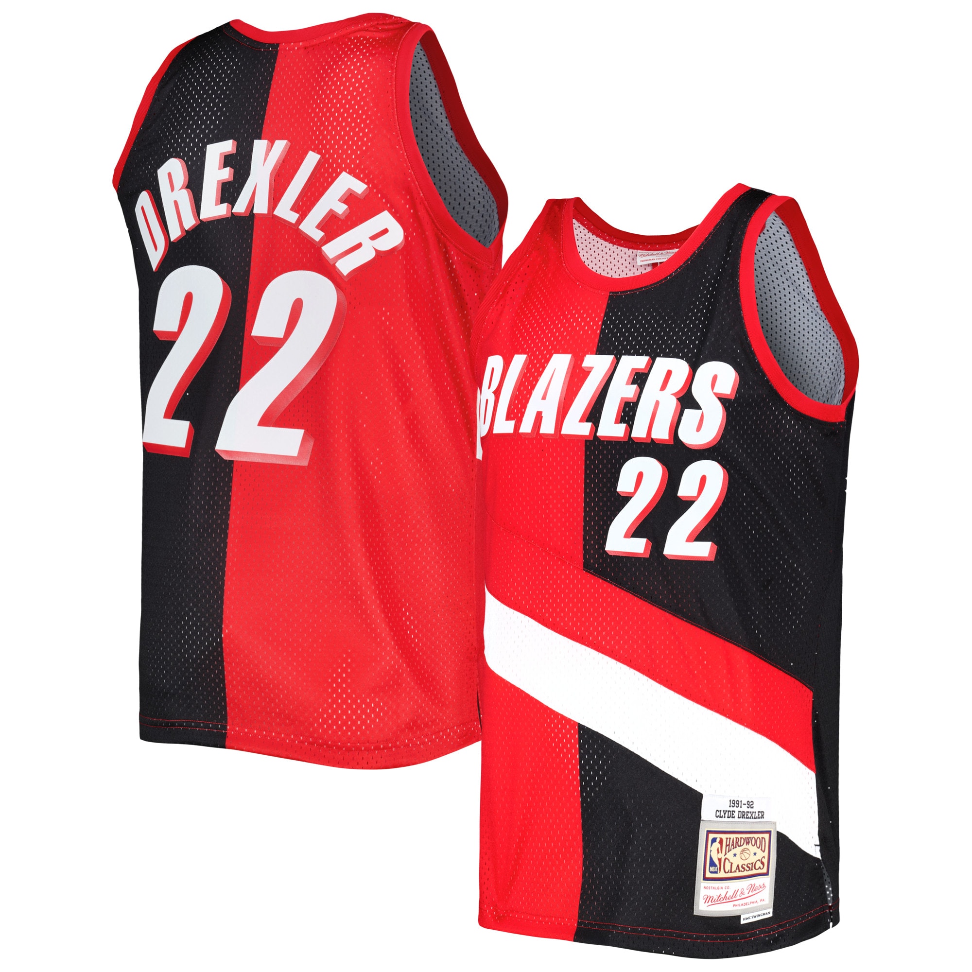 Men's Mitchell & Ness Clyde Drexler Red/Black Portland Trail Blazers Hardwood Classics 1991/92 Split Swingman Jersey - JS139