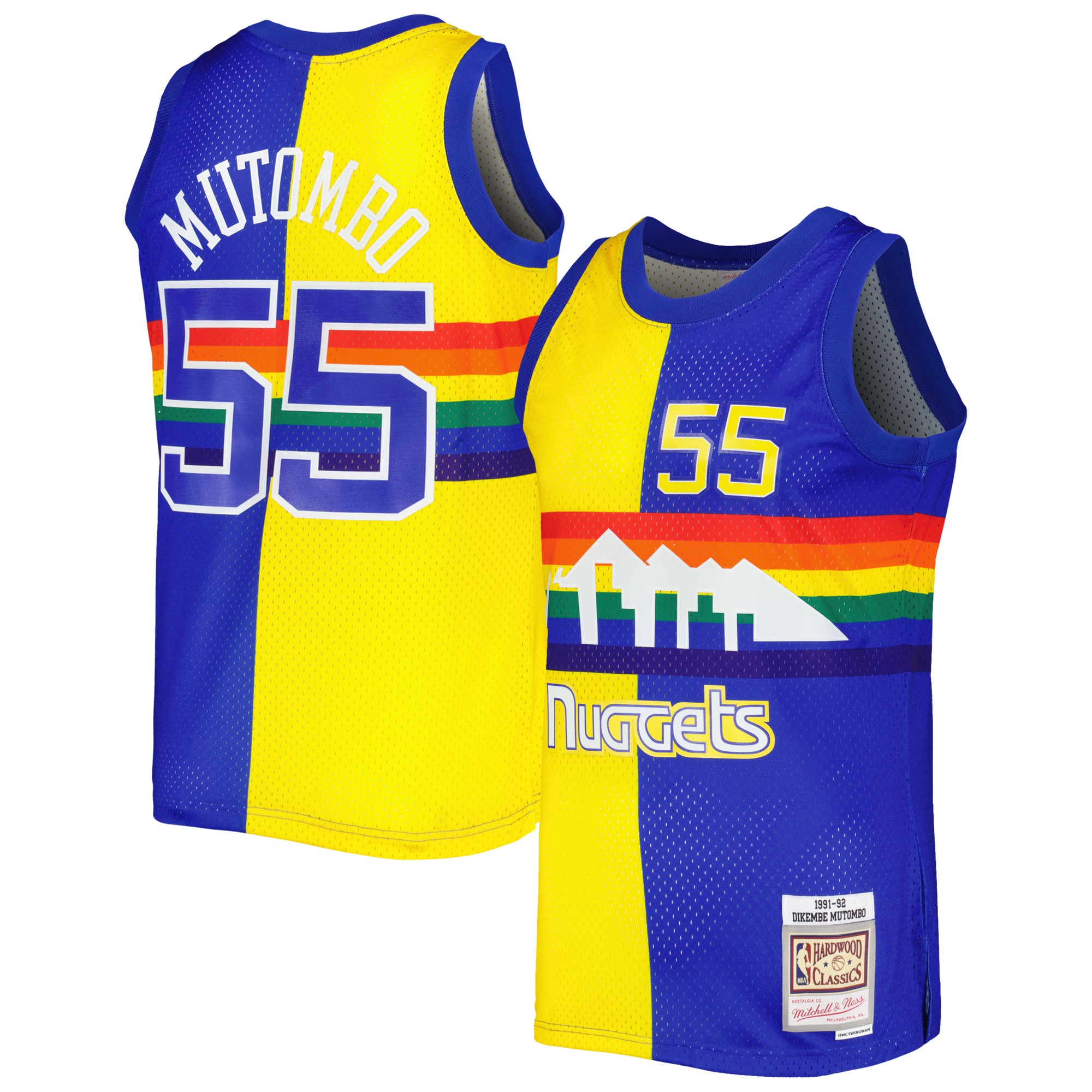 Men's Mitchell & Ness Dikembe Mutombo Royal/Gold Denver Nuggets Hardwood Classics 1991/92 Split Swingman Jersey - JS729