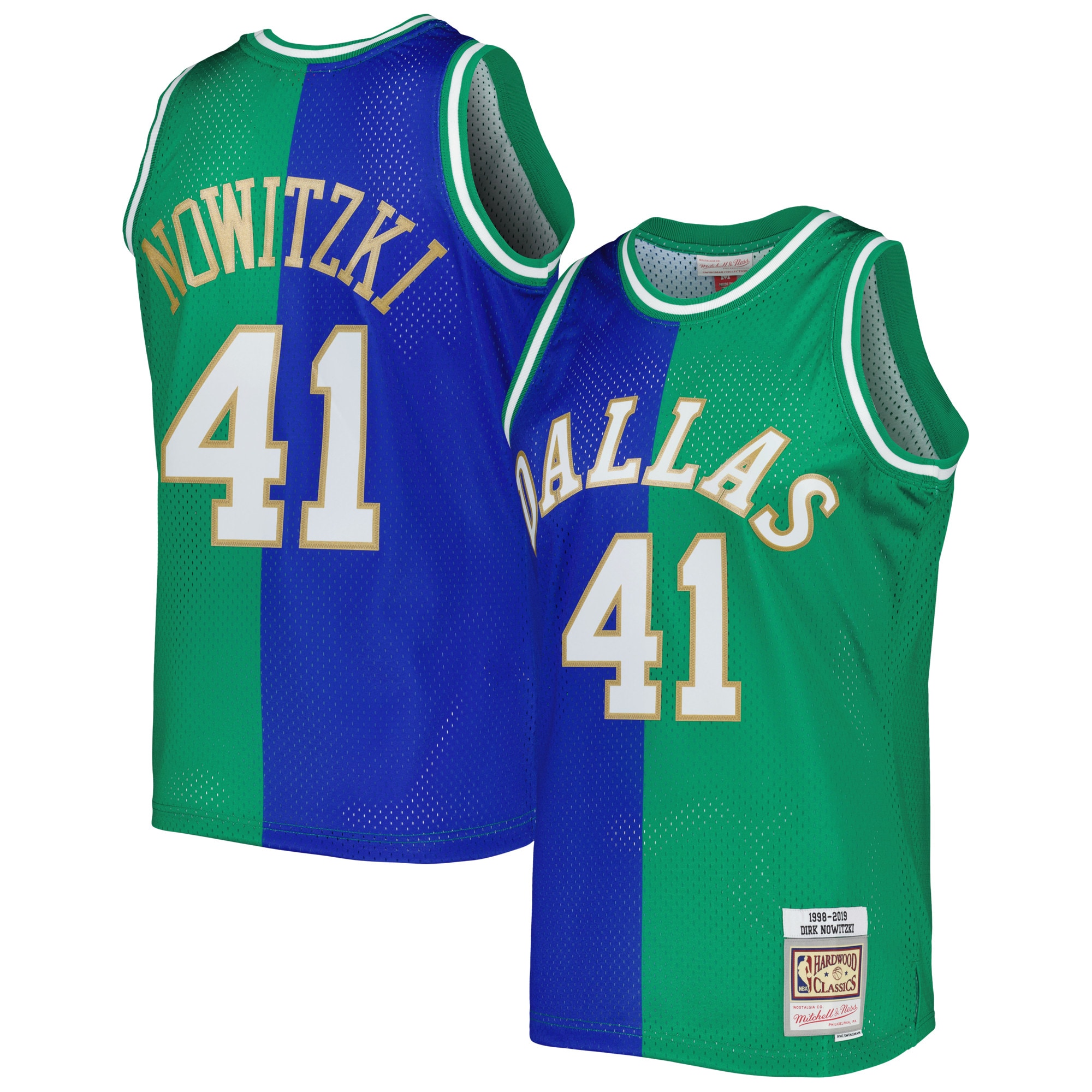 Men's Mitchell & Ness Dirk Nowitzki Blue/Green Dallas Mavericks Hardwood Classics 1998/2019 Split Swingman Jersey - JS509