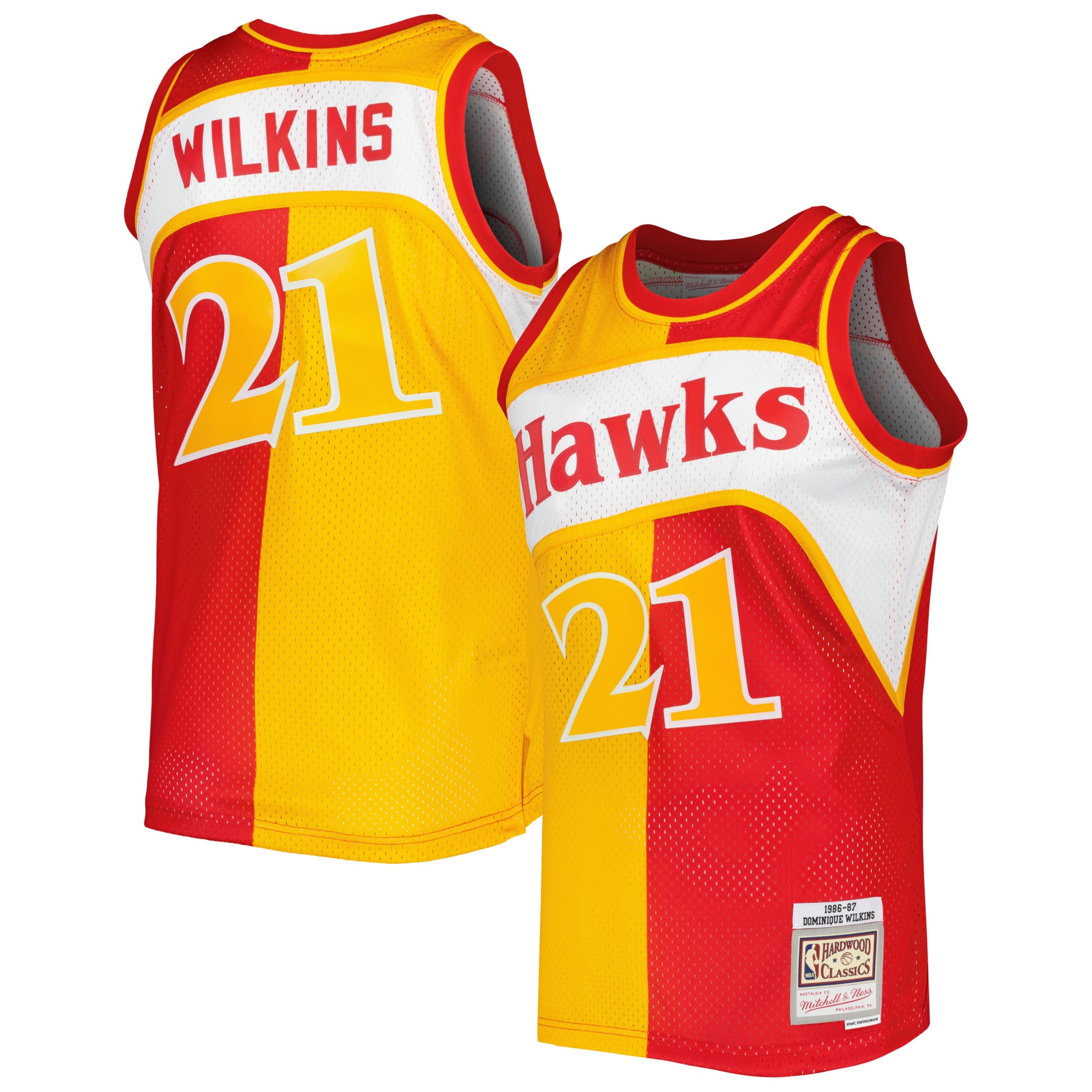 Men's Mitchell & Ness Dominique Wilkins Yellow/Red Atlanta Hawks Hardwood Classics 1986/87 Split Swingman Jersey - JS863
