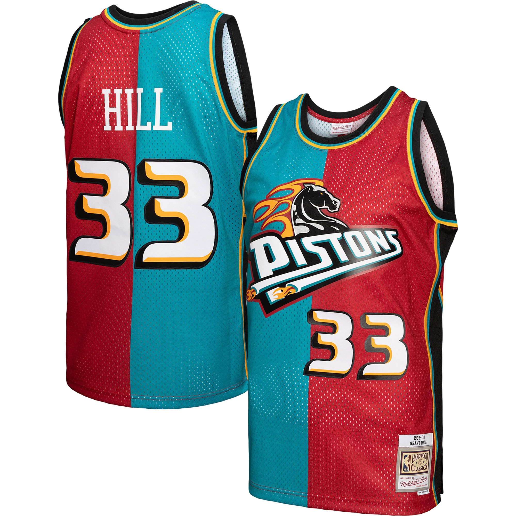Men's Mitchell & Ness Grant Hill Teal/Red Detroit Pistons Hardwood Classics 1999/00 Split Swingman Jersey - JS719
