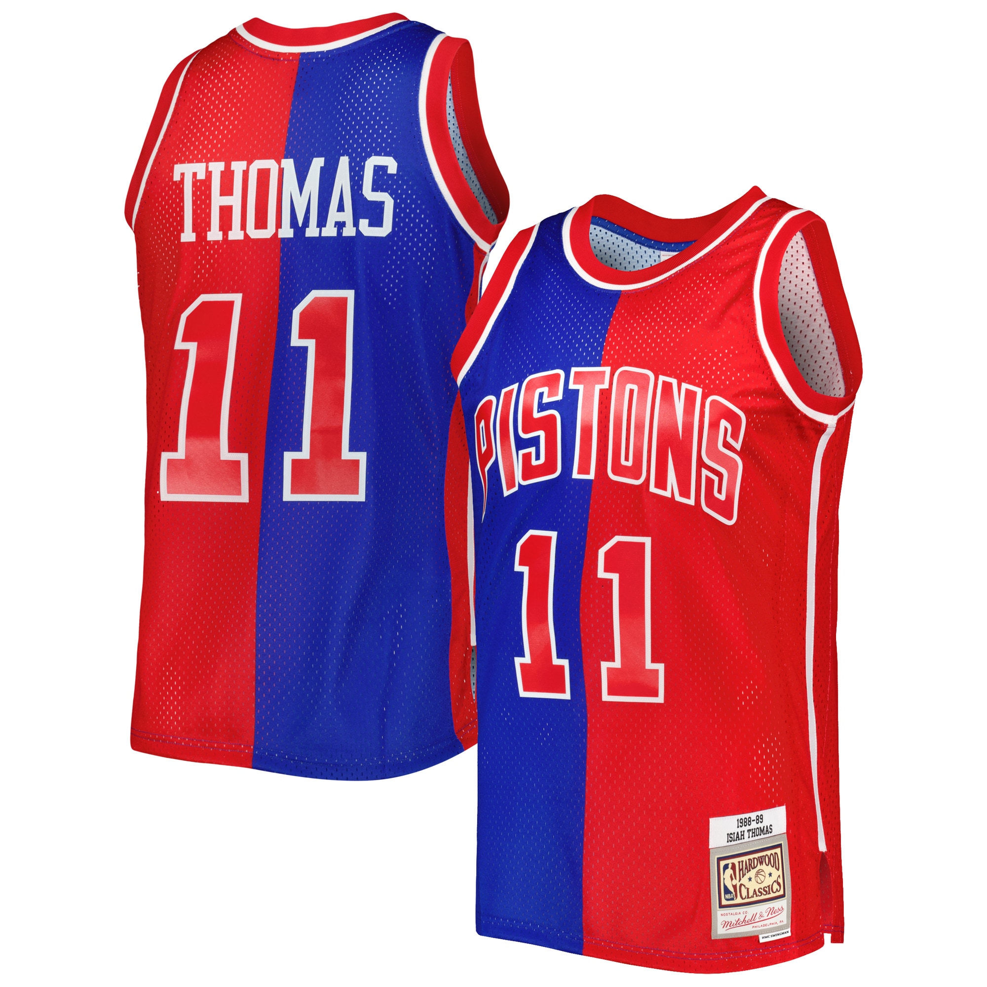 Men's Mitchell & Ness Isiah Thomas Blue/Red Detroit Pistons Hardwood Classics 1988/89 Split Swingman Jersey - JS989