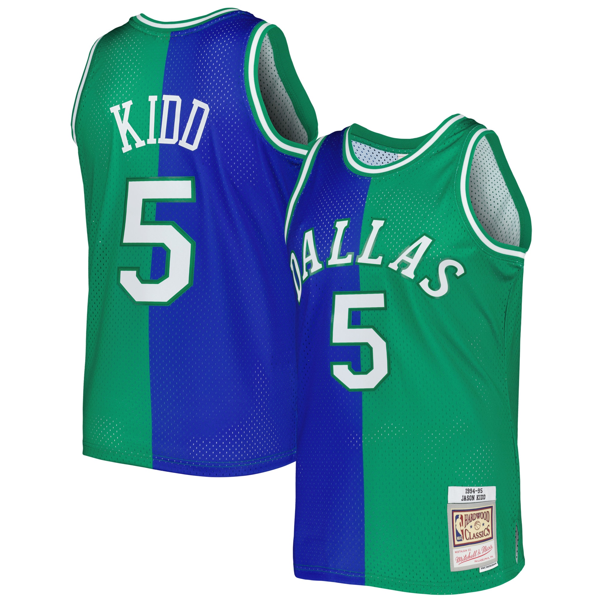 Men's Mitchell & Ness Jason Kidd Blue/Green Dallas Mavericks Hardwood Classics 1994/95 Split Swingman Jersey - JS417