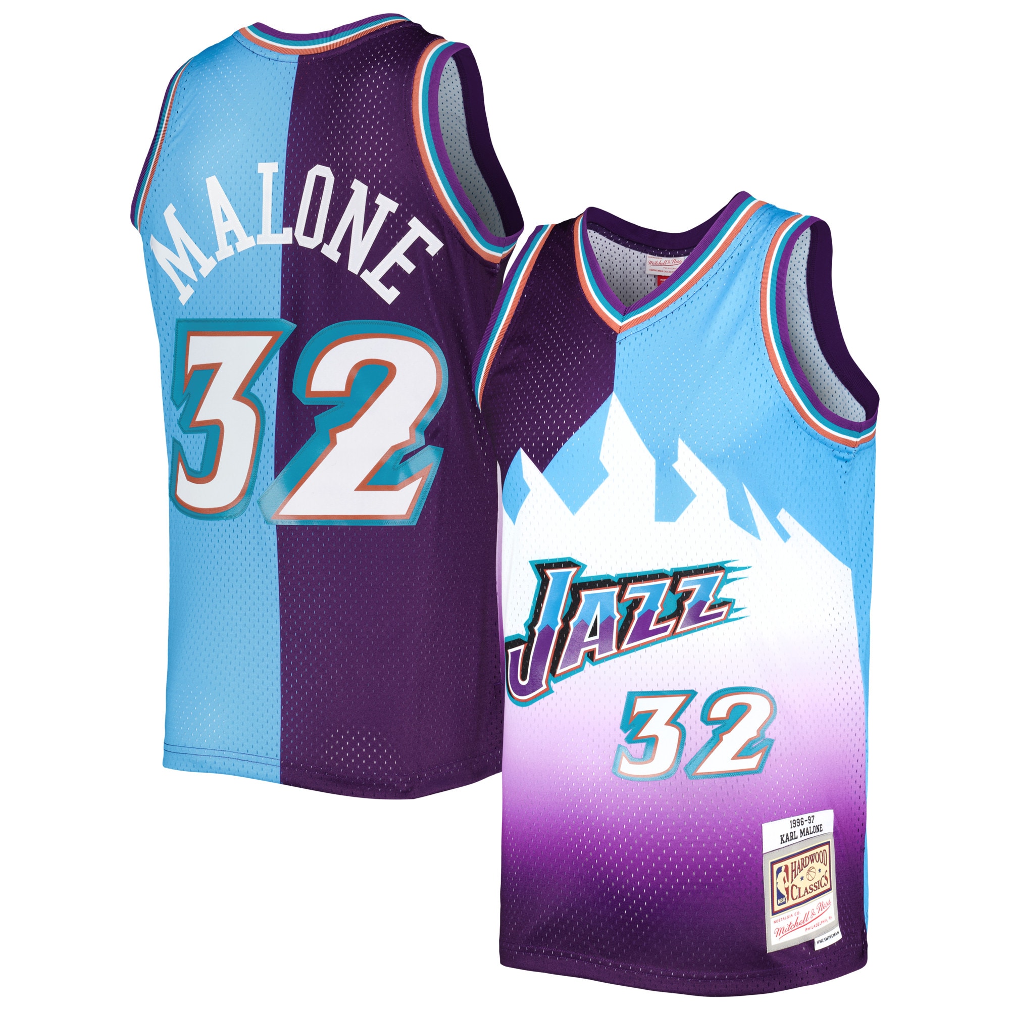 Men's Mitchell & Ness Karl Malone Purple/Turquoise Utah Jazz Hardwood Classics 1996/97 Split Swingman Jersey - JS511
