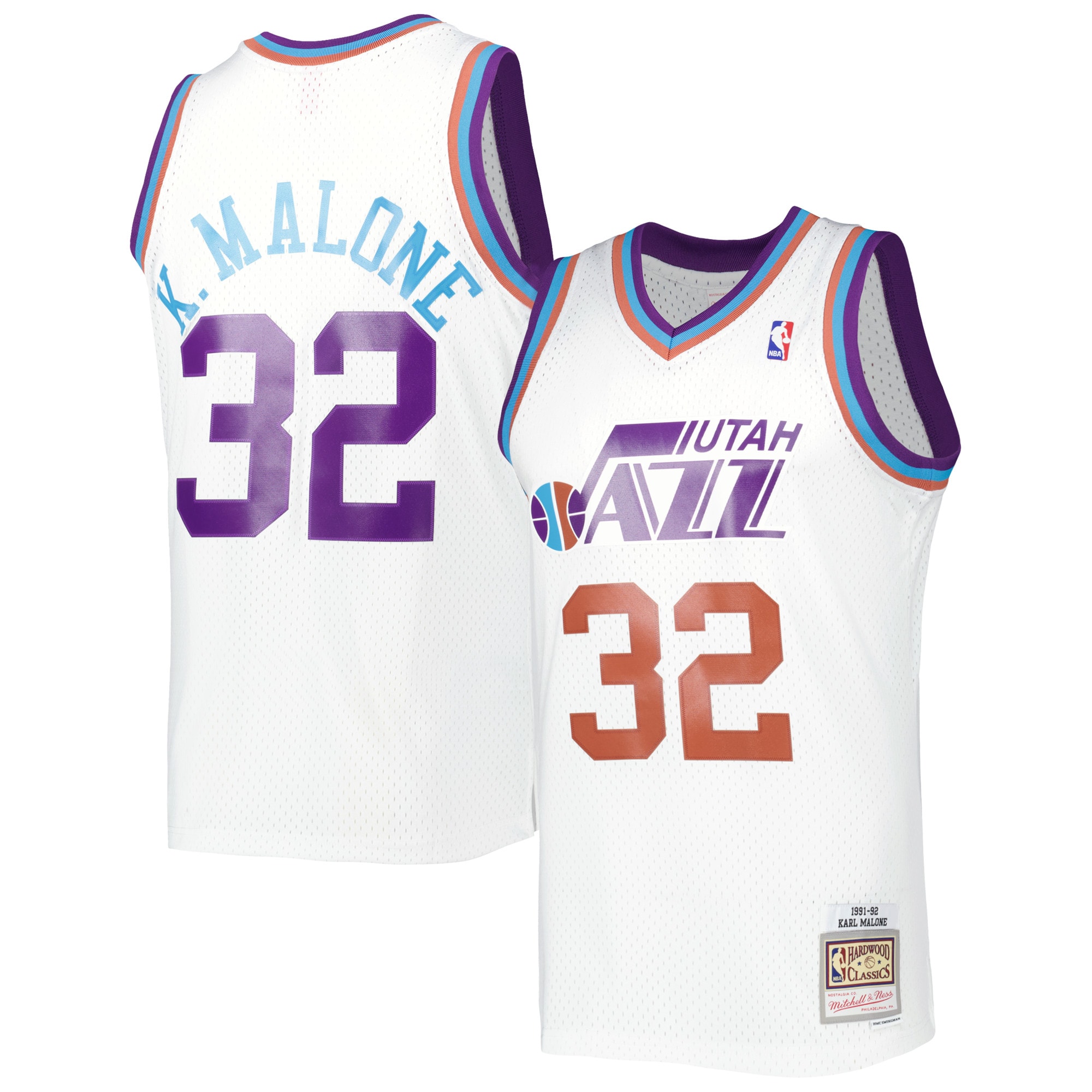 Men's Mitchell & Ness Karl Malone White Utah Jazz 1991/92 Hardwood Classics Reload 3.0 Swingman Jersey - JS761