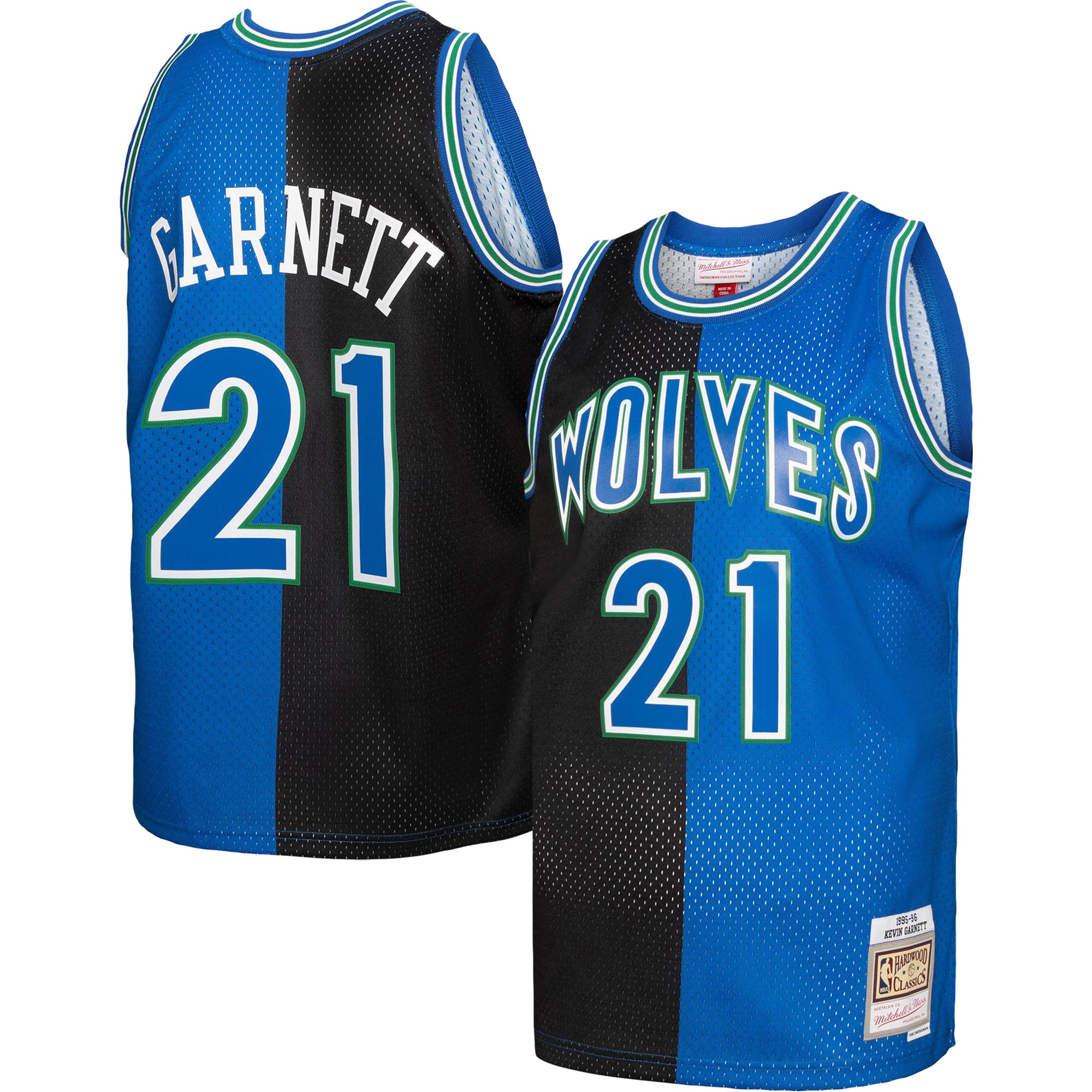 Men's Mitchell & Ness Kevin Garnett Black/Blue Minnesota Timberwolves Hardwood Classics 1995/96 Split Swingman Jersey - JS626