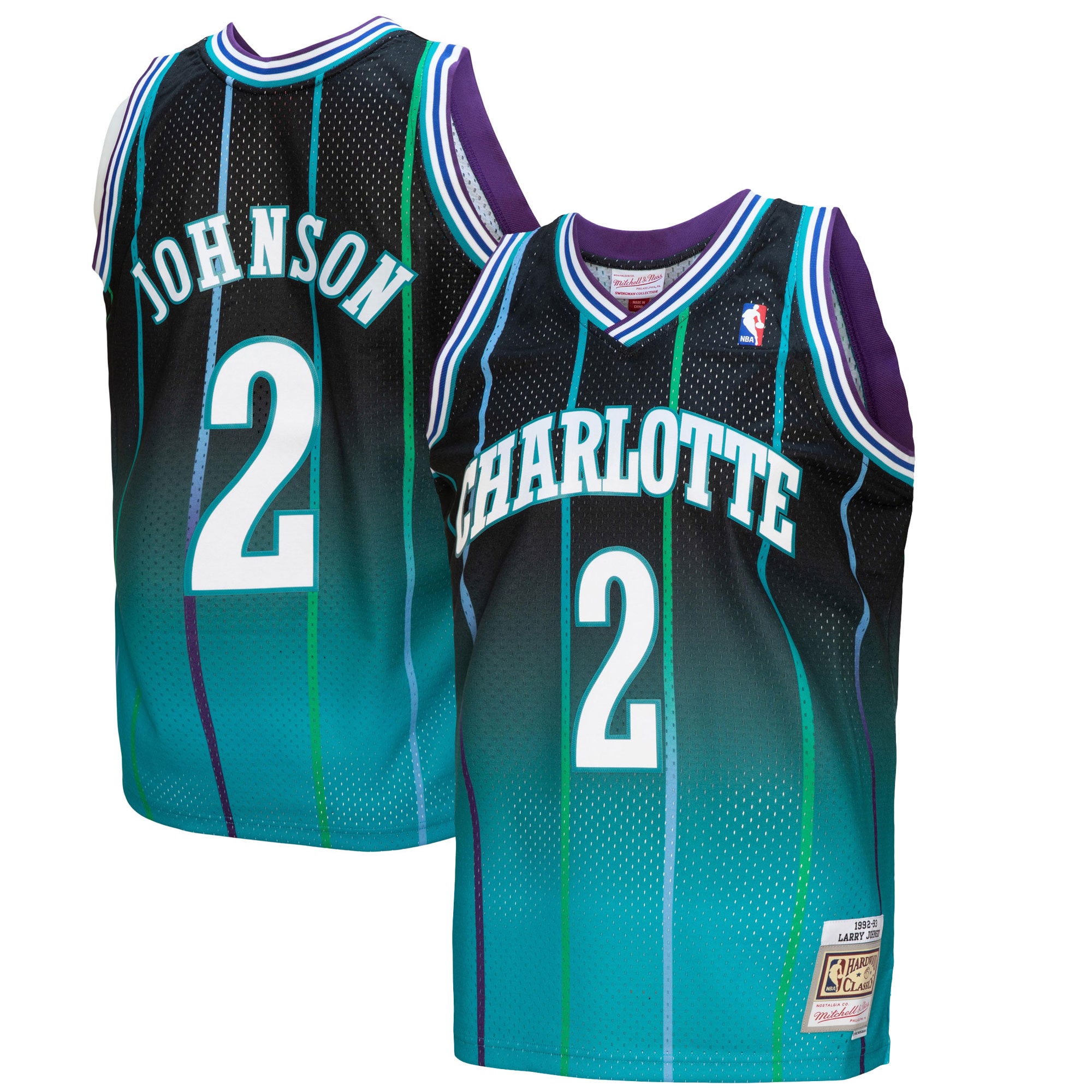Men's Mitchell & Ness Larry Johnson Teal/Black Charlotte Hornets 1992/93 Hardwood Classics Fadeaway Swingman Player Jersey - JS600