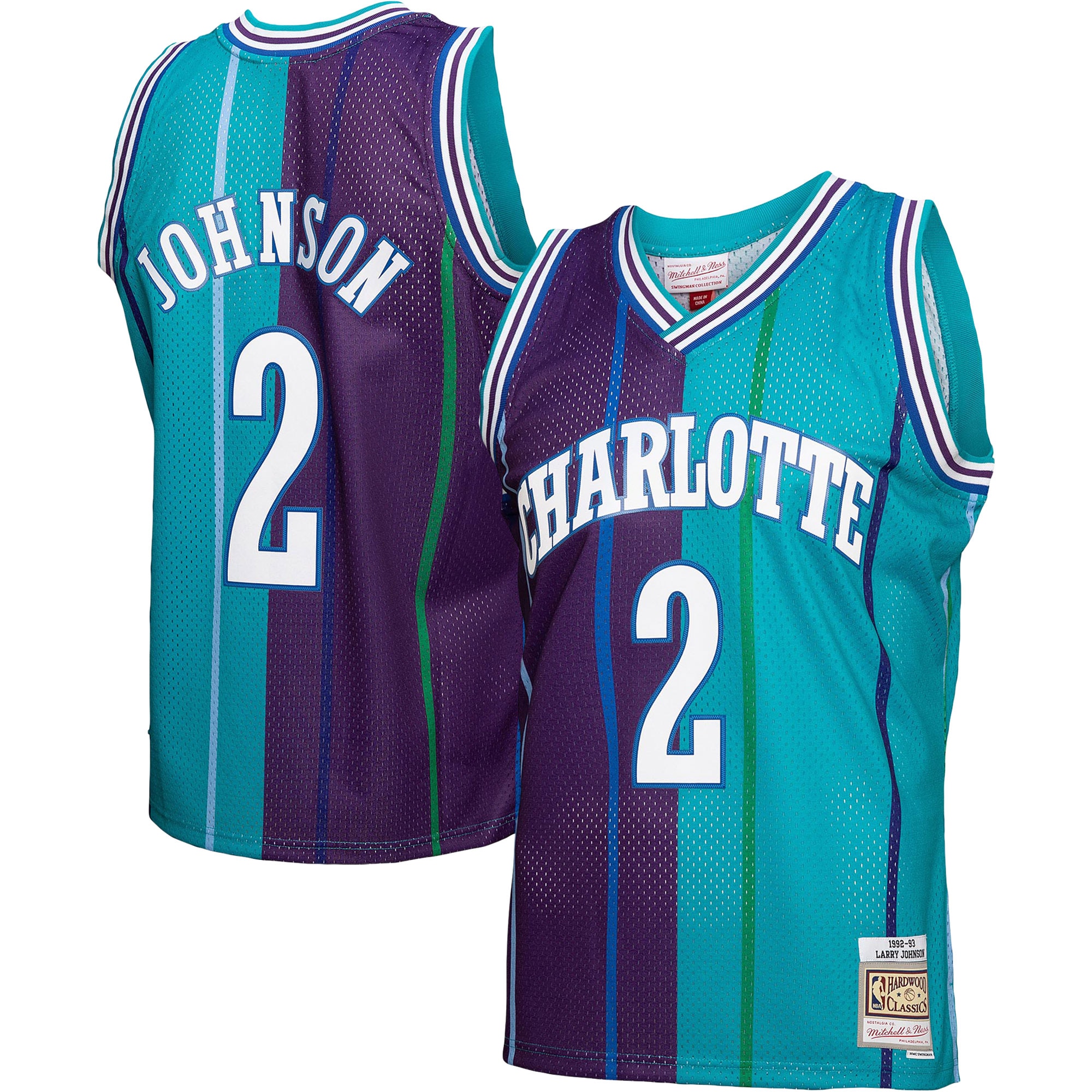 Men's Mitchell & Ness Larry Johnson Teal/Purple Charlotte Hornets Hardwood Classics 1992/93 Split Swingman Jersey - JS179