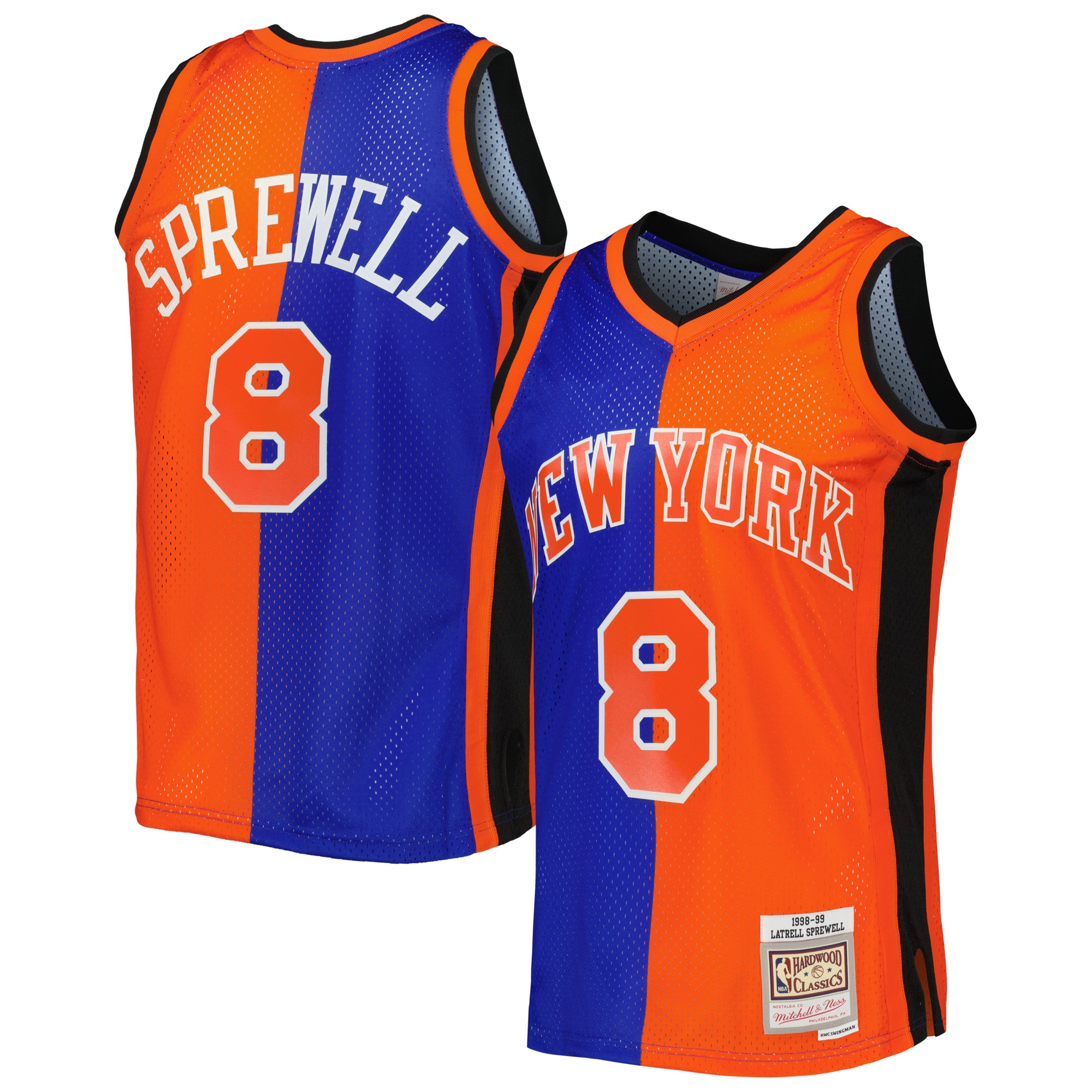 Men's Mitchell & Ness Latrell Sprewell Blue/Orange New York Knicks Hardwood Classics 1998/99 Split Swingman Jersey - JS898