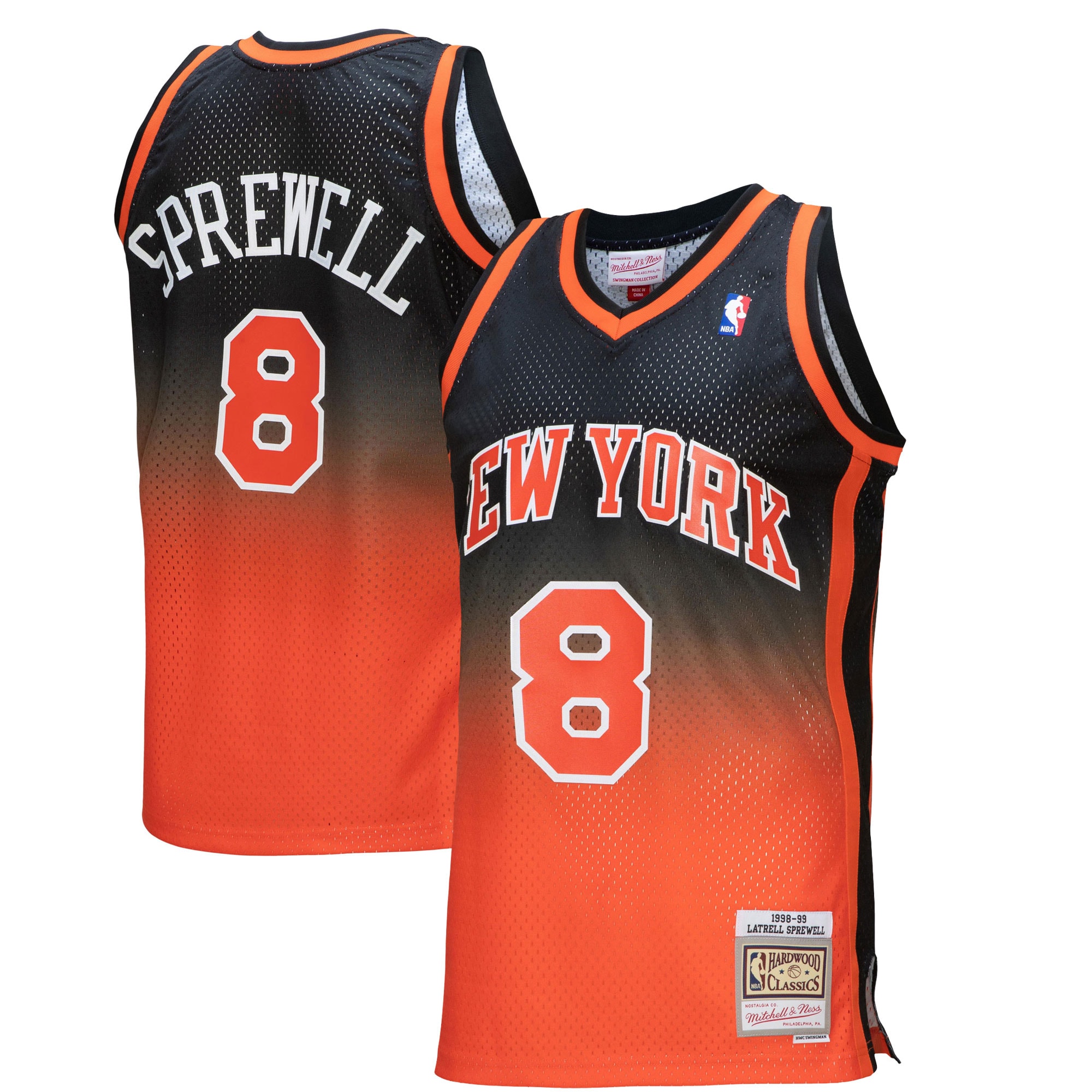 Men's Mitchell & Ness Latrell Sprewell Orange/Black New York Knicks 1998/99 Hardwood Classics Fadeaway Swingman Player Jersey - JS995