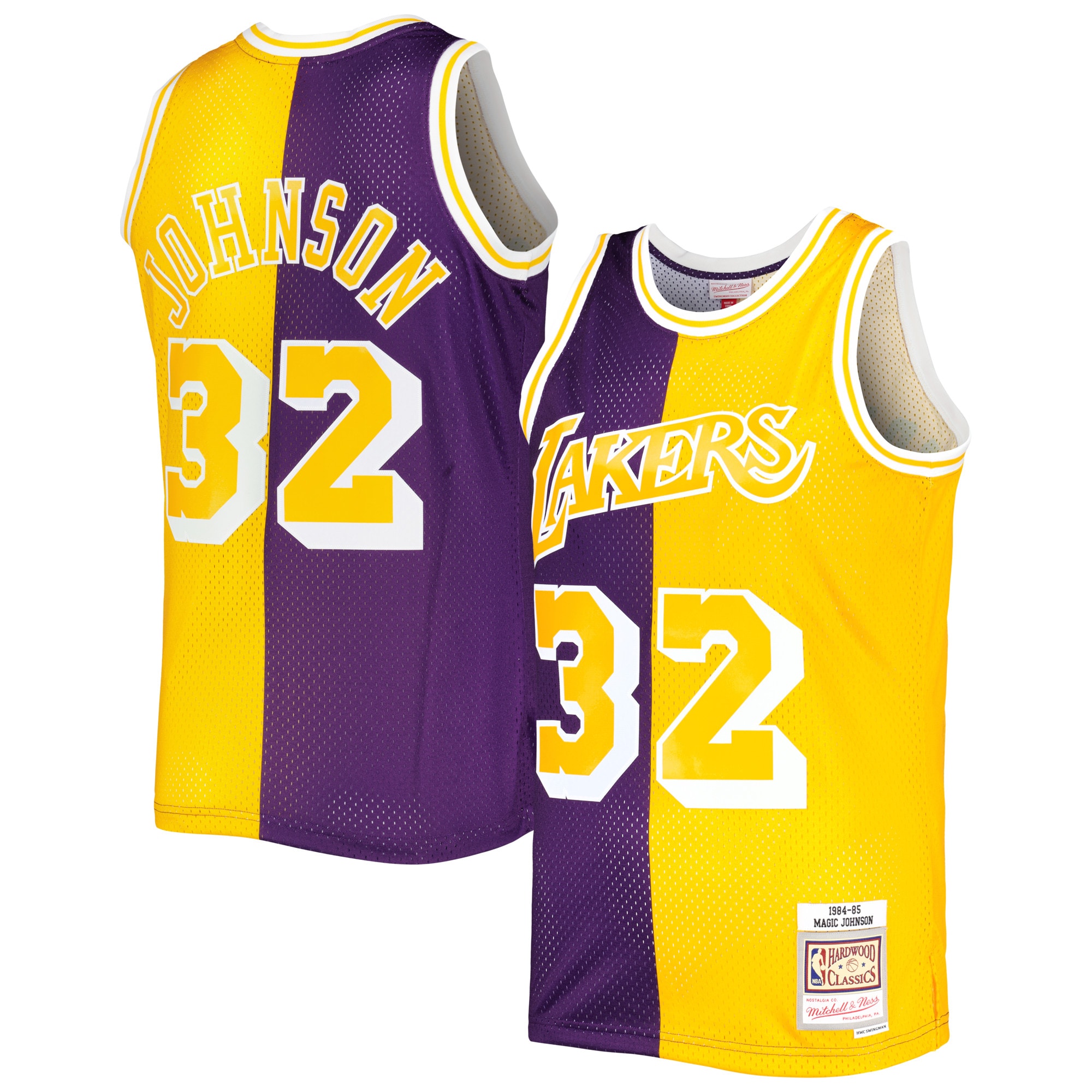 Men's Mitchell & Ness Magic Johnson Purple/Gold Los Angeles Lakers Hardwood Classics 1984/85 Split Swingman Jersey - JS868