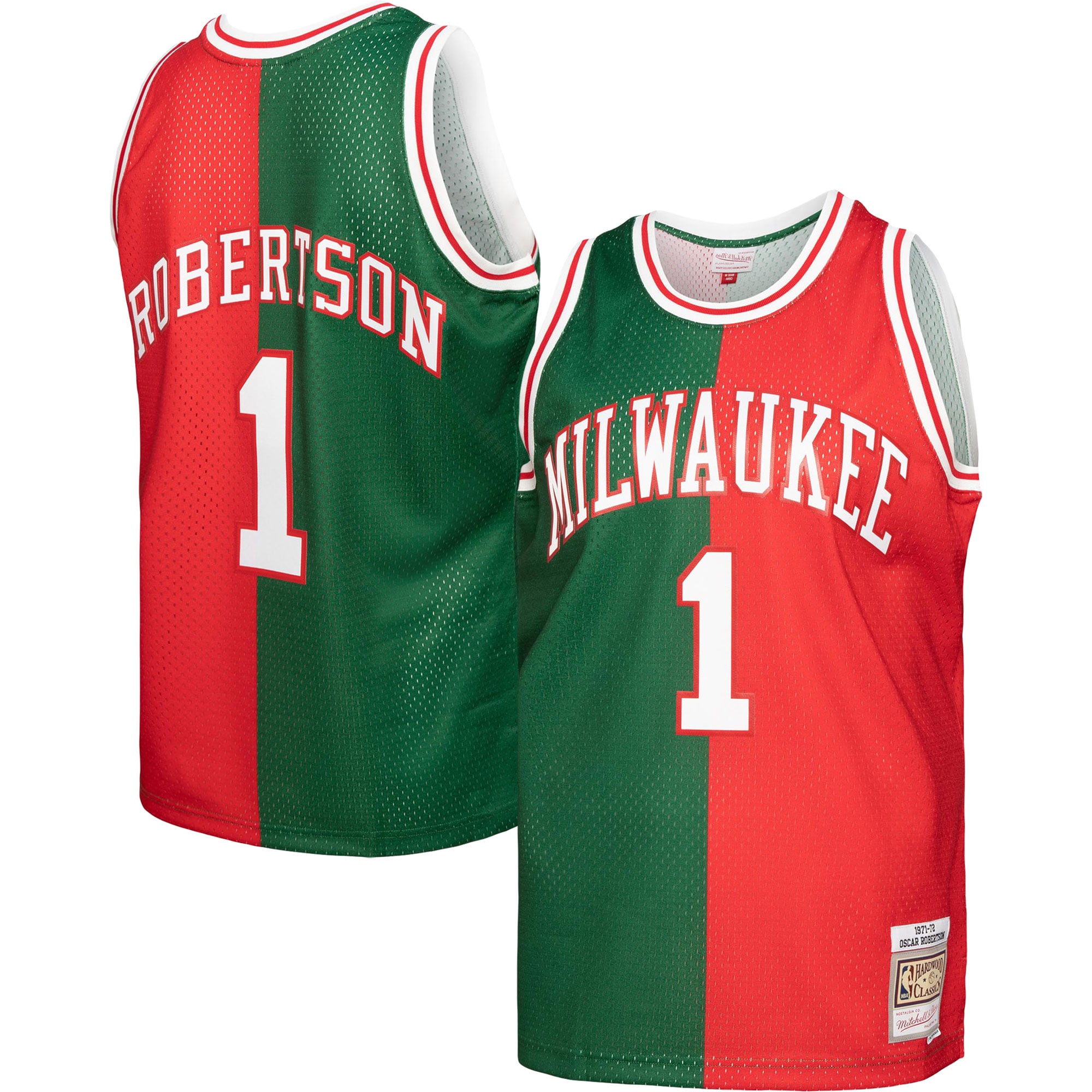 Men's Mitchell & Ness Oscar Robertson Green/Red Milwaukee Bucks Hardwood Classics 1971/72 Split Swingman Jersey - JS507