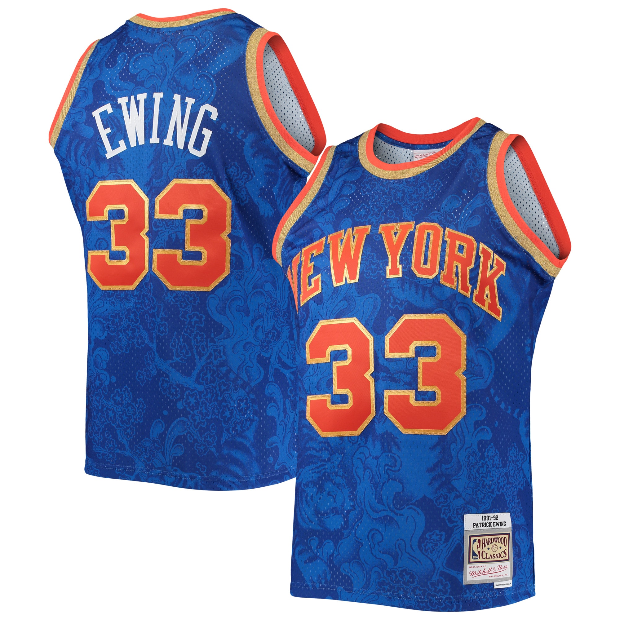 Men's Mitchell & Ness Patrick Ewing Blue New York Knicks Hardwood Classics 1991/92 Lunar New Year Swingman Jersey - JS787