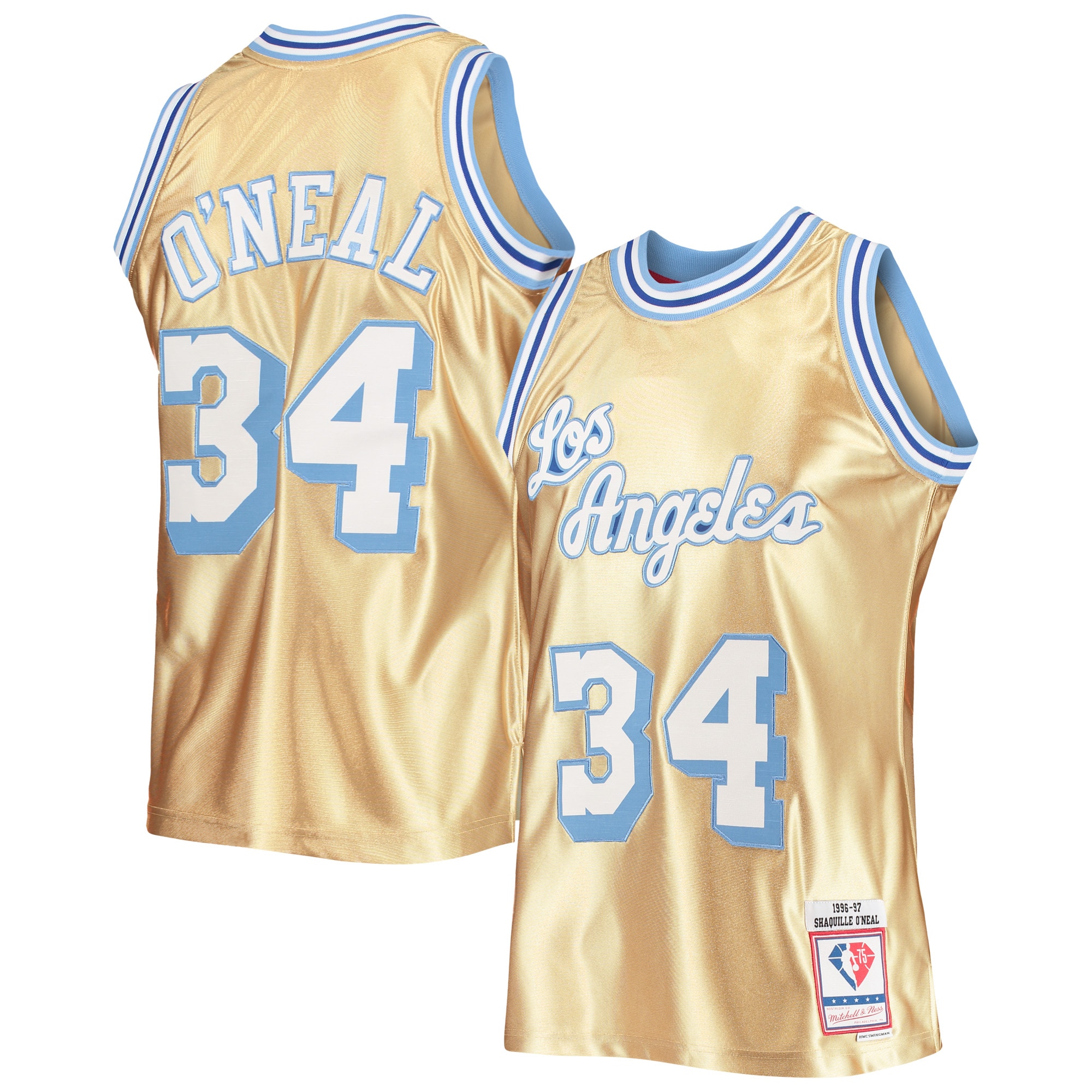 Men's Mitchell & Ness Shaquille O'Neal Gold Los Angeles Lakers 75th Anniversary 1996/97 Hardwood Classics Swingman Jersey - JS283