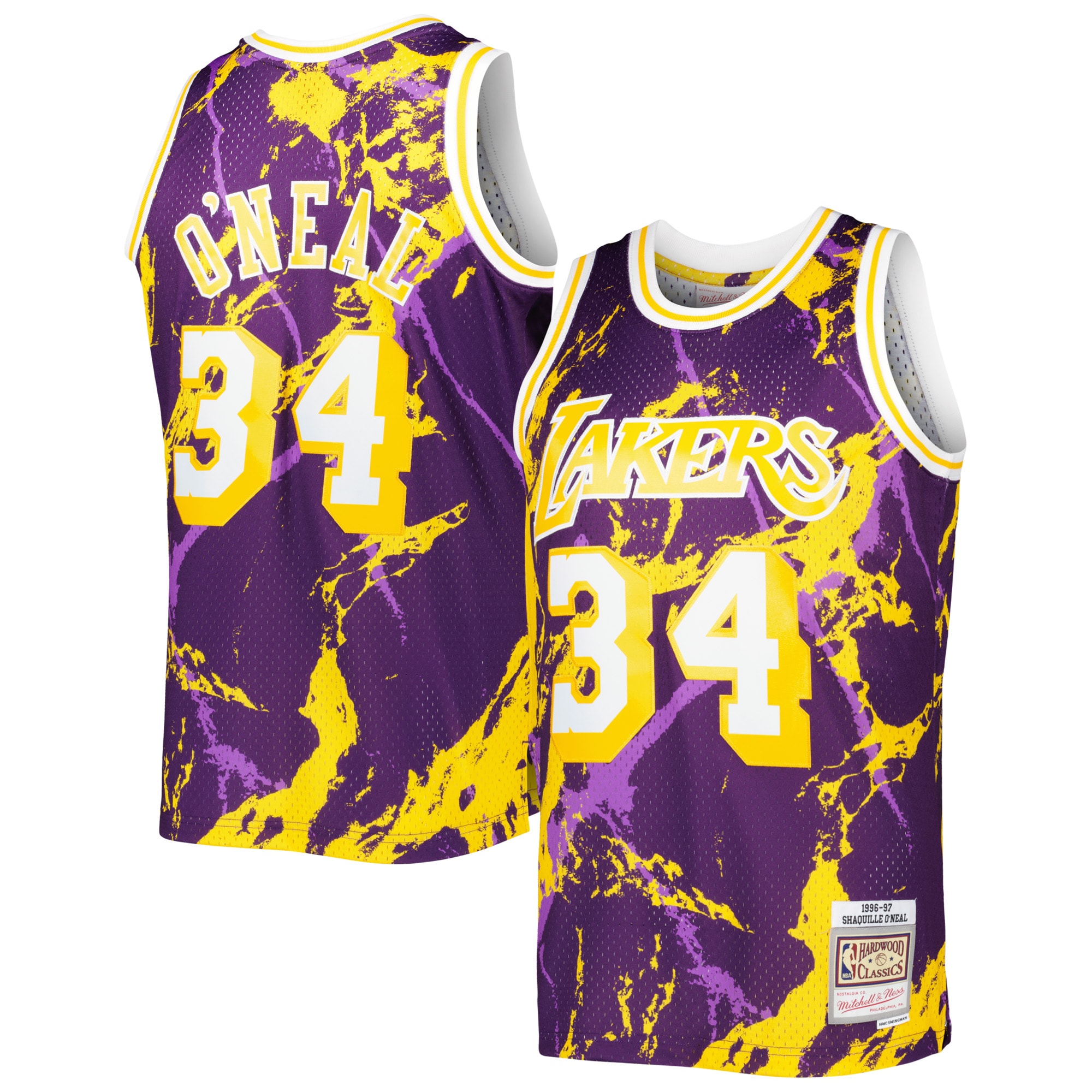 Men's Mitchell & Ness Shaquille O'Neal Purple Los Angeles Lakers 1996/97 Hardwood Classics Marble Swingman Jersey - JS308