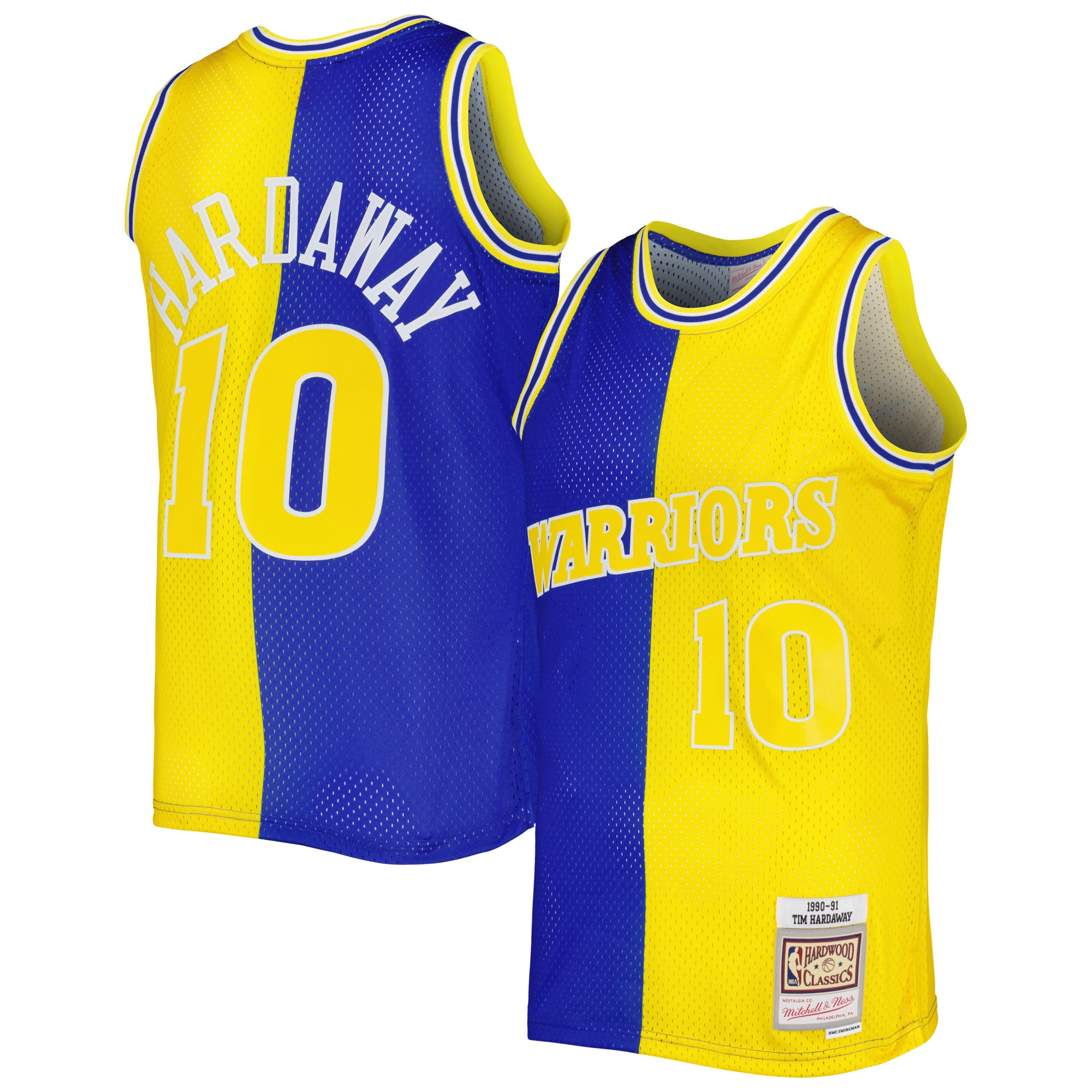 Men's Mitchell & Ness Tim Hardaway Royal/Gold Golden State Warriors Hardwood Classics 1990/91 Split Swingman Jersey - JS388